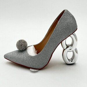 YDN Silver Glitter Classic Pumps Metal Chunky High Heels Pointed Toe Shoes